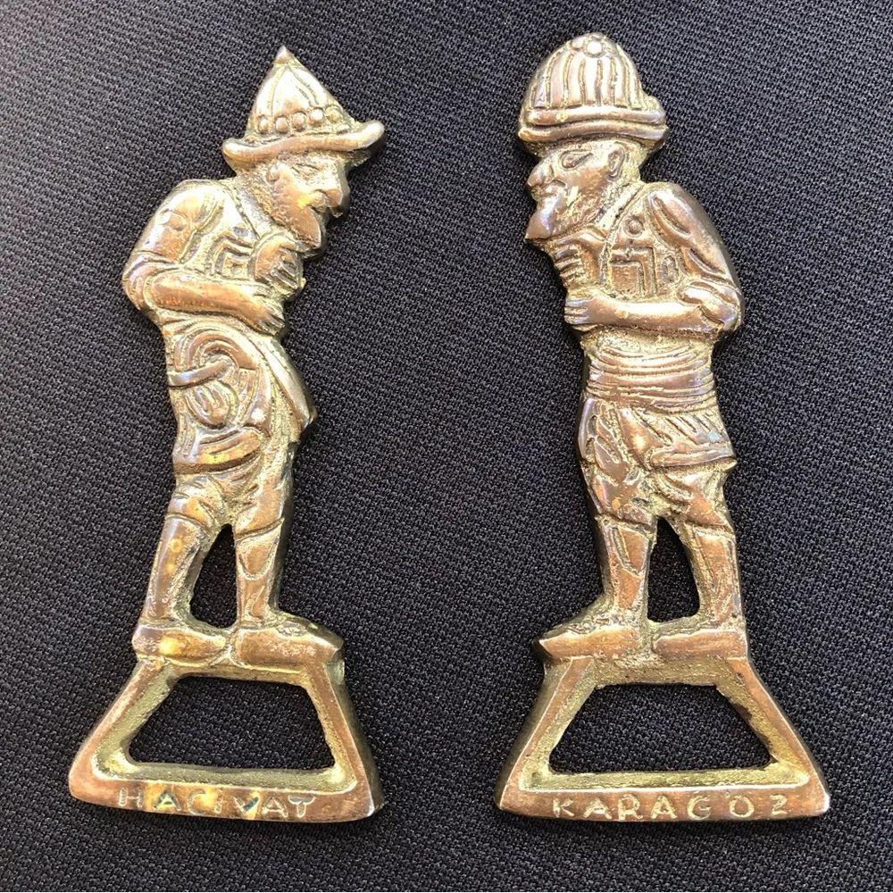 Two Vintage Karagoz & Hacivat Figures Brass Bottle Openers - Barware - Turkey